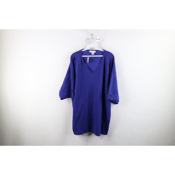Deadstock Vtg 90s Express Womens L Blank Baggy Thermal Ribbed Knit T-Shirt Blue - Picture 1 of 10